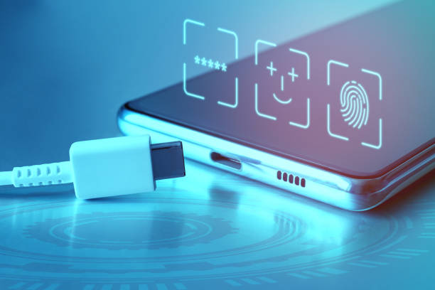 istock Cable with Type C connector, smartphone and icons of password, Touch id and Face ID. Personal data protection concept, secure cell phone connection to various devices, network security 1448594135