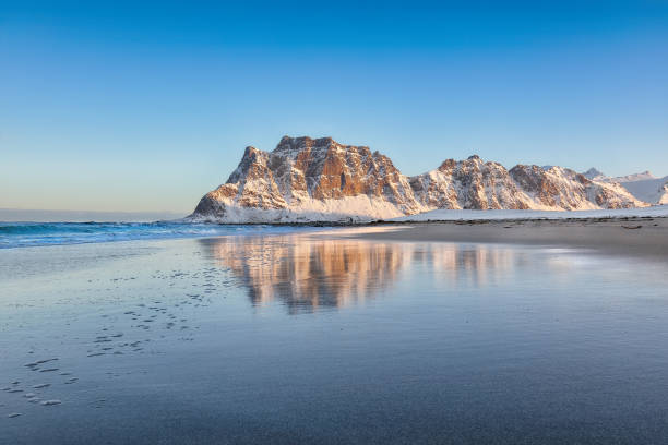 istock Fabulous winter scenery on Uttakleiv beach at morning 1448594721