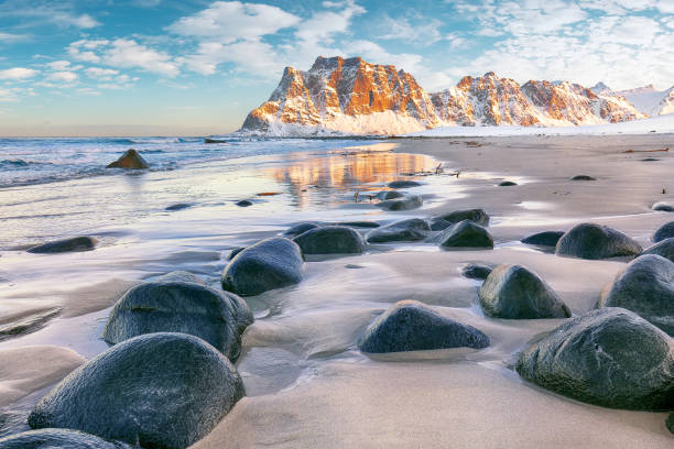 istock Astonishing winter scenery on Uttakleiv beach at sunset time. 1448594795