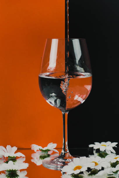 натюрморт со стаканом, наполненным водой, на красочном оранжево-черном фоне и белыми лепестками, создающими иллюзию. - barware стоковые фото и изображения