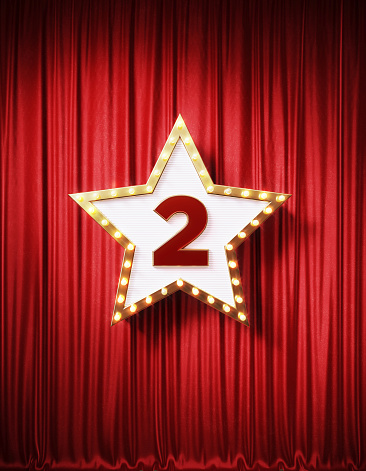 Number 2 written star shaped retro billboard with glowing light bulbs on red curtain background with shadow. Vertical composition. 3D rendering.