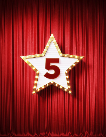 Number 5 written star shaped retro billboard with glowing light bulbs on red curtain background with shadow. Vertical composition. 3D rendering.