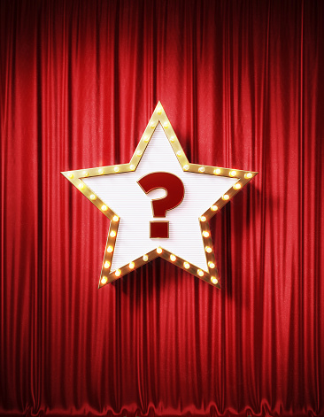 Question mark written star shaped retro billboard with glowing light bulbs on red curtain background with shadow. Vertical composition. 3D rendering.