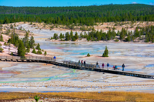 Scenic view of Porcelain Basin Hot Springs thermal area at Yellowstone National Park. Visitors walk along a boardwalk.