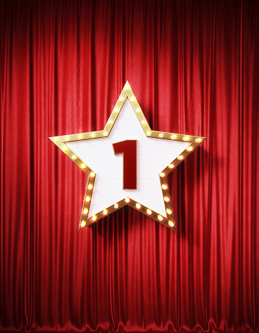 Number 1 written star shaped retro billboard with glowing light bulbs on red curtain background with shadow. Vertical composition. 3D rendering.