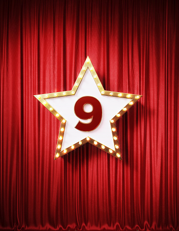 Number 9 written star shaped retro billboard with glowing light bulbs on red curtain background with shadow. Vertical composition. 3D rendering.