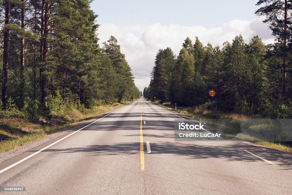 Road in the finnish taiga, film style. Finnish road through a thick coniferous forest. Film style. Asphalt Stock Photo