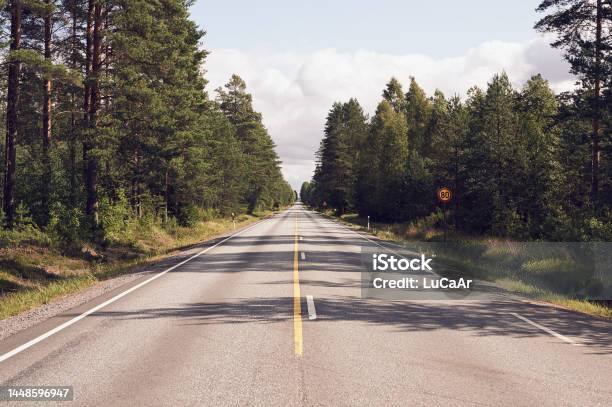 Road In The Finnish Taiga Film Style Stock Photo - Download Image Now - Asphalt, Beauty, Beauty In Nature