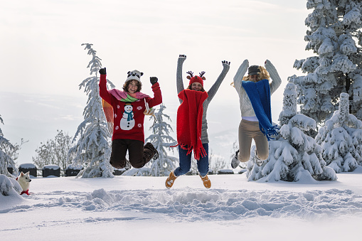 Young happy family enjoy at the top of mountain in sunny day