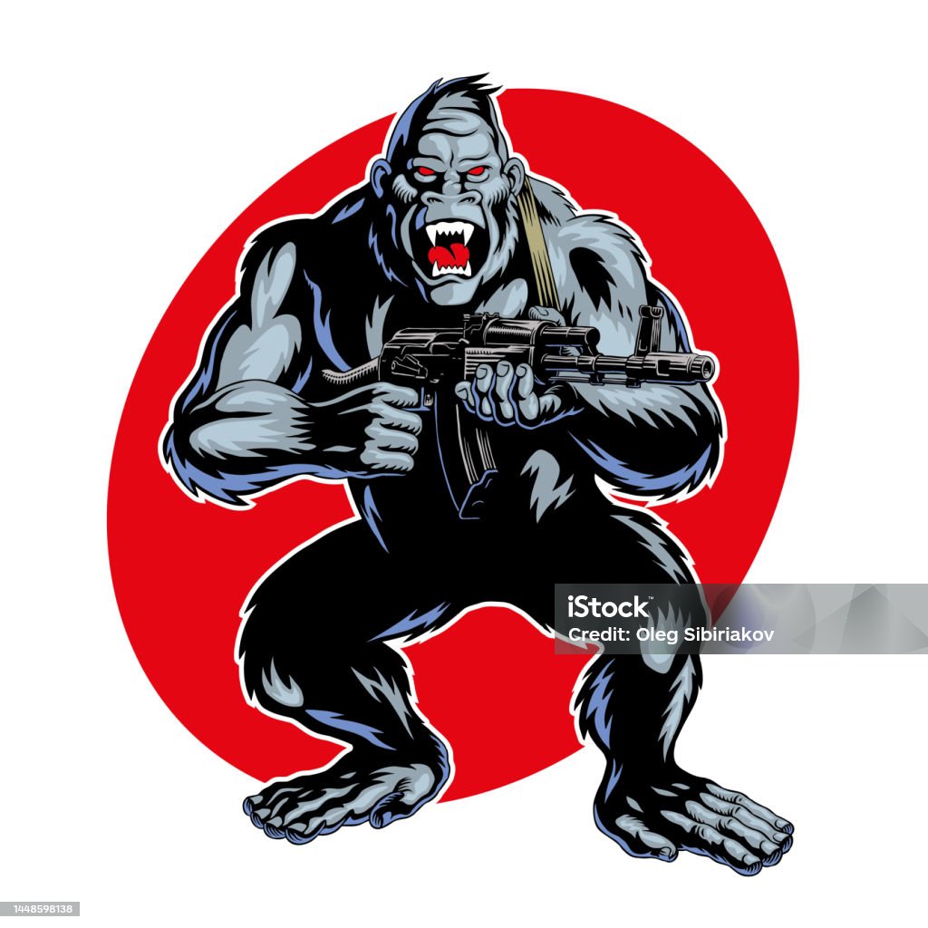 Chimp Machine Gun Gorilla With A Gun Ape Or Monkey Holding Ak 47 Assault Rifle Vector ...