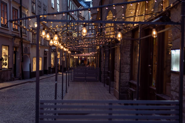 Empty city street cafe in city of Stockholm