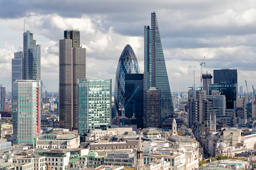 London City skyline with financial buildings, aerial view.