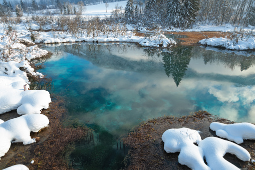 Lake Zelenci Springs, Slovenia, at sunset in winter time.
