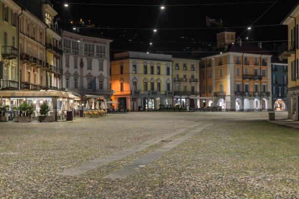 historic center of locarno city at night. square grande, switzerland - locarno imagens e fotografias de stock