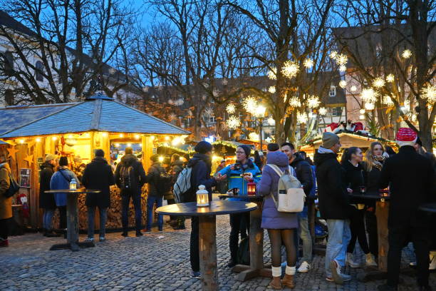 Christmas market in the Munsterplatz, near the Basel cathedral. Basel, Switzerland - December 2022