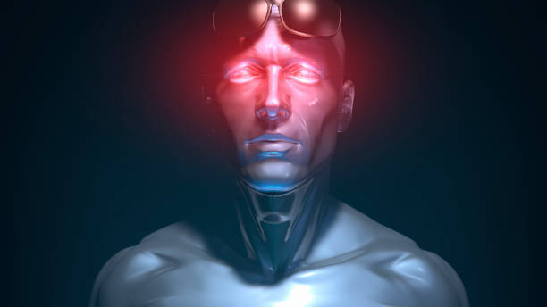 In the dark, infrared lights appear in the eyes of the metallic blue-skinned robot who takes off his glasses. / You can see the animation movie of this image from my iStock video portfolio. Video number: 1448344159