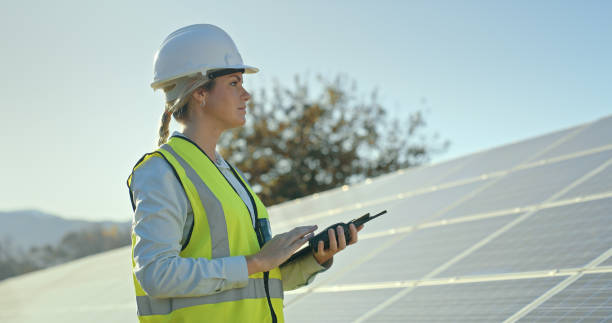 istock Inspection, tablet and engineer working with solar energy, sustainable electricity and vision for eco friendly power in nature. Power plant, renewable energy and woman with solar panels for future 1448604937