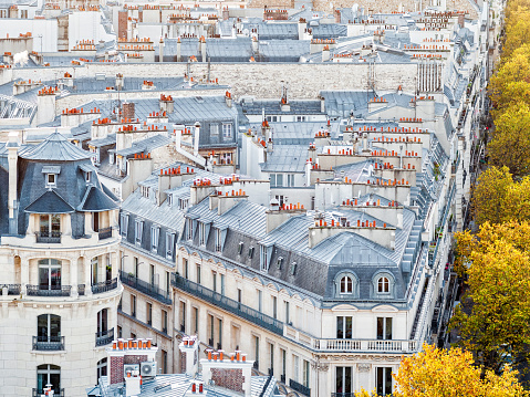 Aerial view on Paris with view on the famous zinc rooftops. Paris in France.