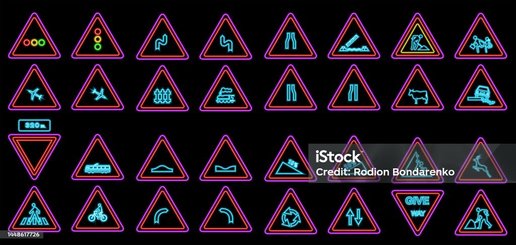 Triangular Neon Sign Triangular Shaped Neon Road Signs Set Stock Illustration - Download ...