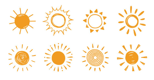 ilustraciones, imágenes clip art, dibujos animados e iconos de stock de doodle sun sketch ilustración. puesta de sol naranja linda dibujada a mano. garabato de garabatos estilo niños dibujados. vector - dibujos verano