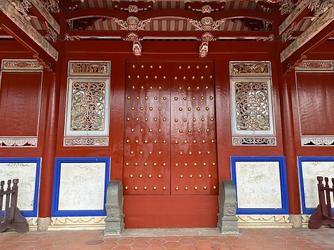 Old chinese wooden door. The chinese character means blessing