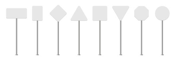 금속 기둥에 다른 모양의 도로 표지판, 고속도로용 3d 빈 교통 보드 - triangle square shape label symbol stock illustrations