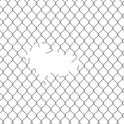 Hole in wire mesh of steel fence vector illustration. 3d realistic torn metal chains of net cage or construction barrier, broken boundary iron wires and chainlink of prison or metallic safety border.