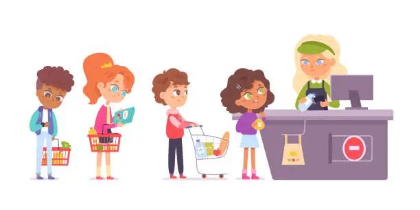 Vector illustration of Customers kids in queue vector illustration. Children buyers in grocery store at cash desk with cashier characters. Consumers boys and girls in supermarket buying goods. Market shopping.