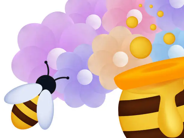 Vector illustration of Bee with flowers 3d. Collection of nectar during spring flowering. A full pot of honey, the flight and labor of an insect. Wildlife, environment, honey bee pollination concept. Vector 3d illustration.