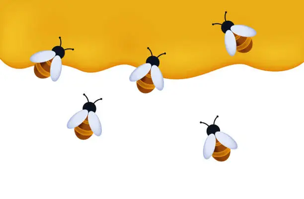 Vector illustration of Swarm of bees with liquid honey 3d. Collection of nectar top view. Sticky, sweet liquid. Natural honey, organic, healthy product. spreads and drips. Bee family, swarm of insects, work together. Vector