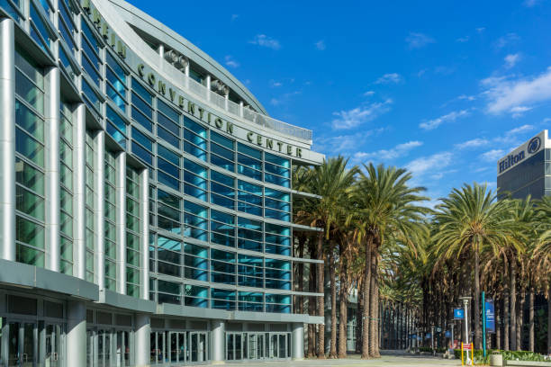 Anaheim Convention Center with palm trees stock photo