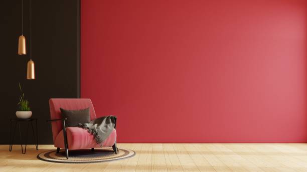 viva 마젠타 색 벽 배경 모형에는 안락의자 가구와 장식이 있습니다. - viva magenta 뉴스 사진 이미지