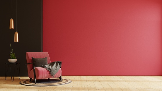 Viva magenta wall background mockup with armchair furniture and decor.3d rendering