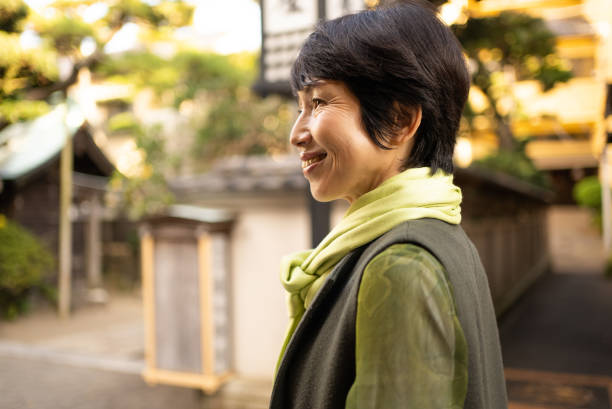 Asian woman sightseeing in Japan.Strolling through an old Japanese town.