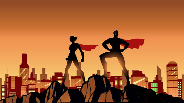 Vector Superhero Couple Silhouette Standing on a Cliff with Cityscape Background Stock Illustration vector art illustration