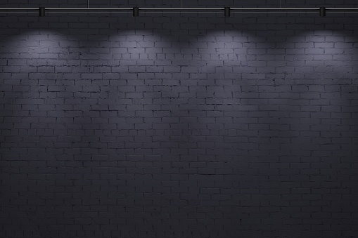 3d illustration. Dark old background brick wall with lamps. Mock up walls for a brand or logo.