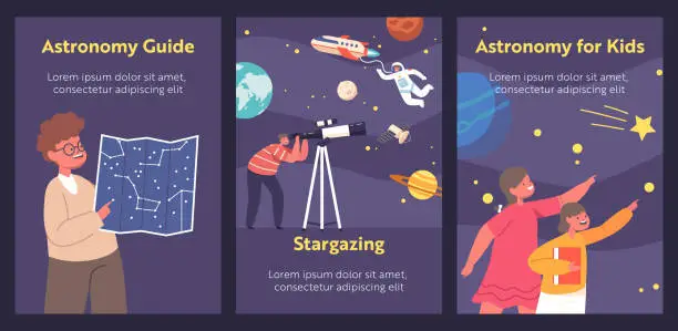 Vector illustration of Children Study Astronomy Science Cartoon Banners. Kids Look In Telescope, Curious Little Boys and Girls Observe Sky