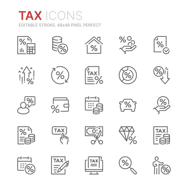 illustrazioni stock, clip art, cartoni animati e icone di tendenza di raccolta delle icone di contorno relative alle imposte. 48x48 pixel perfetto. tratto modificabile - tax form