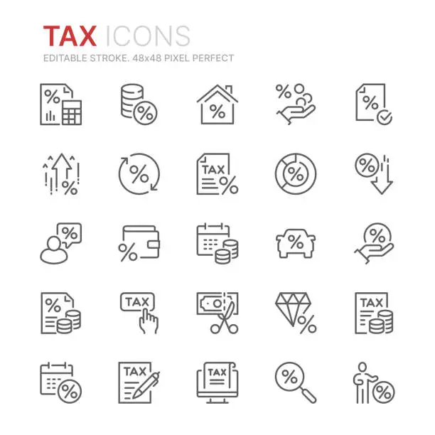 Vector illustration of Collection of taxes related outline icons. 48x48 Pixel Perfect. Editable stroke