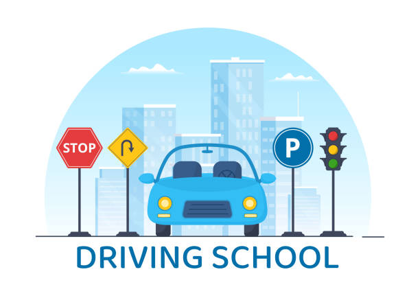 ilustrações de stock, clip art, desenhos animados e ícones de driving school with education process of car training and learning to drive to get drivers license in flat cartoon hand drawn templates illustration - driving training car safety