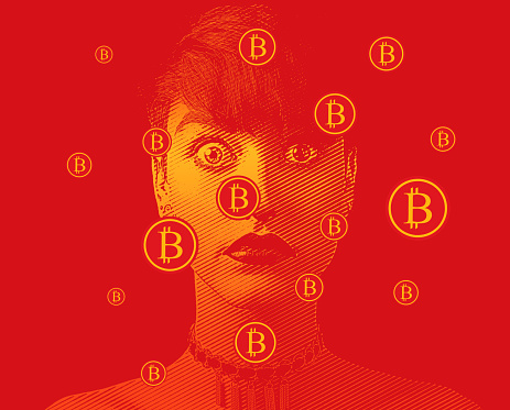 Female cryptocurrency trader with worried facial expression