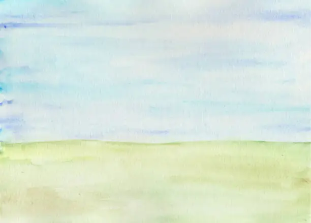 Vector illustration of Watercolor minimalist green field and blue skies as background.