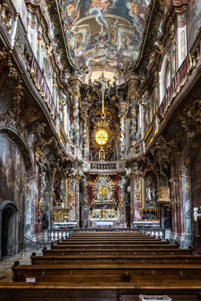 Interior of the baroque Asam Church, Asamkirche in Munich, Bavaria, Germany