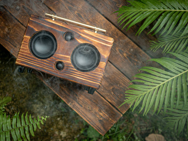 istock Portable wireless speaker, handmade from wood, beautifully patterned perfectly. Placed on a wooden table surrounded by bushes. 1448632546
