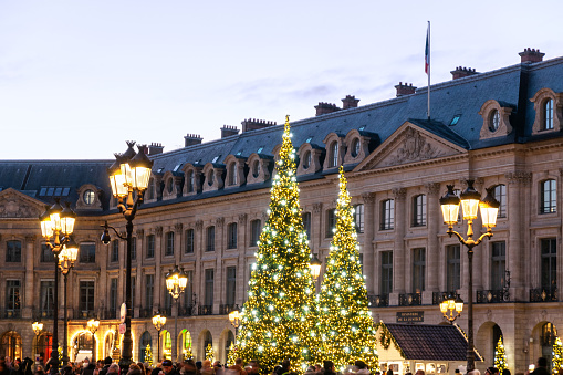 Place Vendôme for Christmas, one of the most beautiful place in Paris, and famous for its luxury jewelry stores. Paris, in France.