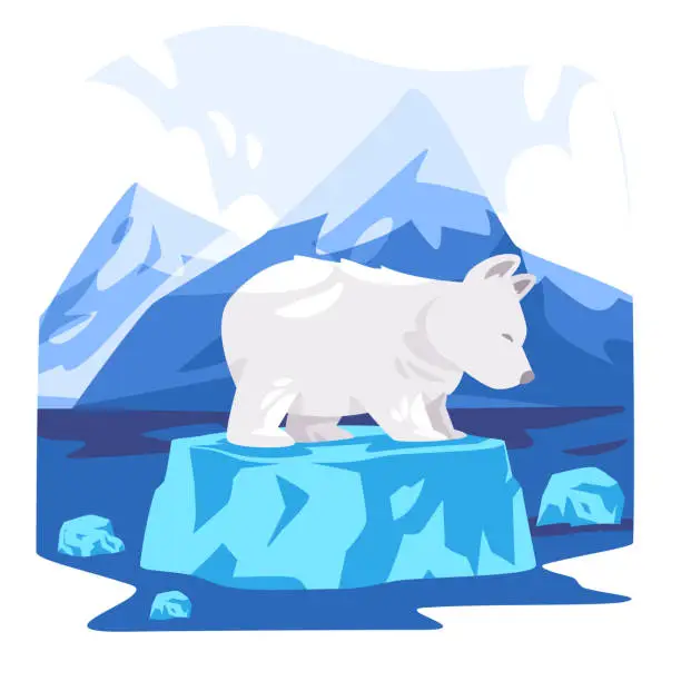 Vector illustration of Polar bear in melting floating iceberg endangered species symbol of global warming climate change effect in north pole