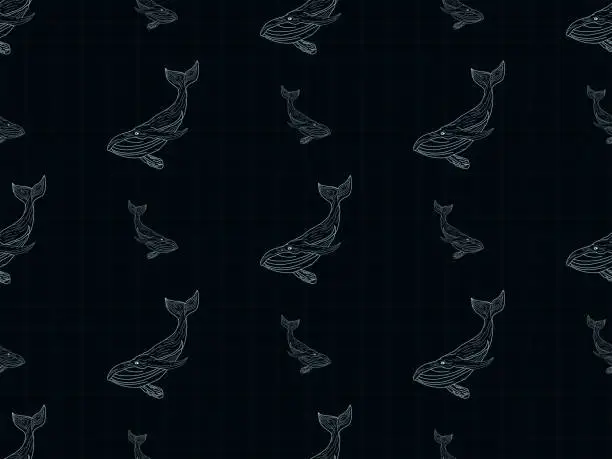 Vector illustration of Whale seamless pattern on black background