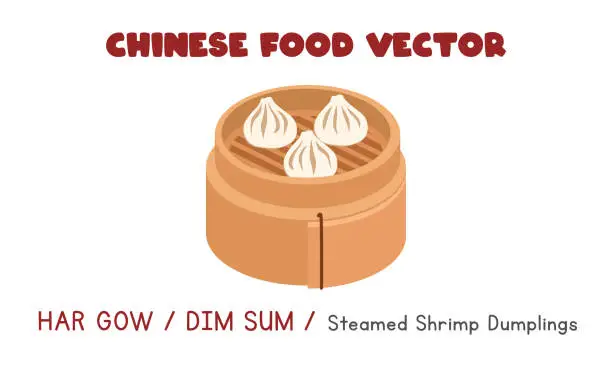 Vector illustration of Chinese Har Gow or Dim Sum - Chinese Steamed Shrimp Dumplings in a bamboo steamer flat vector design illustration, clipart cartoon style. Asian food. Chinese cuisine. Chinese food