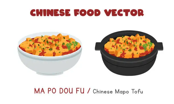 Vector illustration of Chinese Ma Po Dou Fu - Chinese Mapo Tofu flat vector design illustration, clipart cartoon style. Asian food. Chinese cuisine. Chinese food