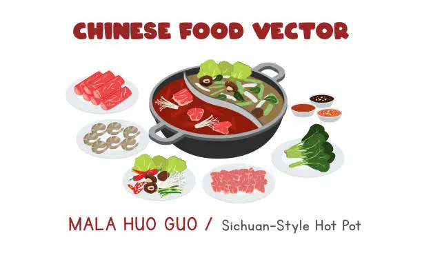 Vector illustration of Chinese Mala Huo Guo - Sichuan-style Hot Pot flat vector design illustration, clipart cartoon style. Asian food. Chinese cuisine. Chinese food